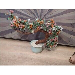 Rare Huge 21"h x 24"w 1950s Pink, Coral White Floral Glass Bonsai Tree Heavy